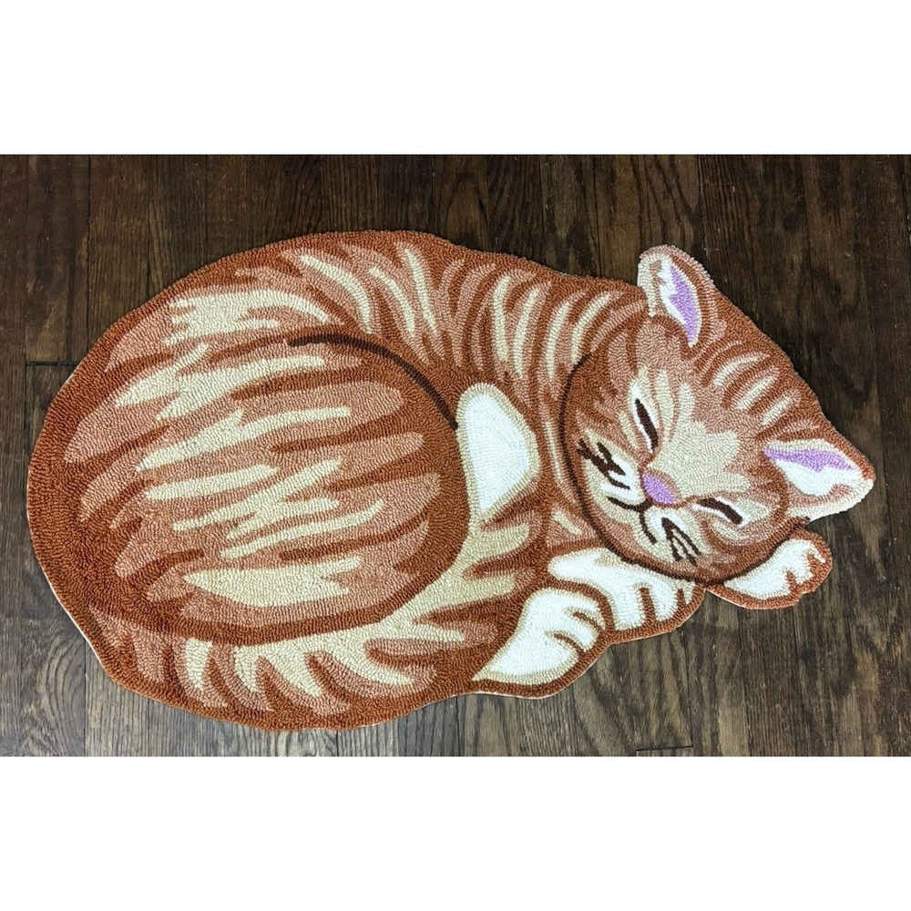 🐈32" Hand Hooked Orange Cat Rug Shaped Accent Mat- Cute Sleeping